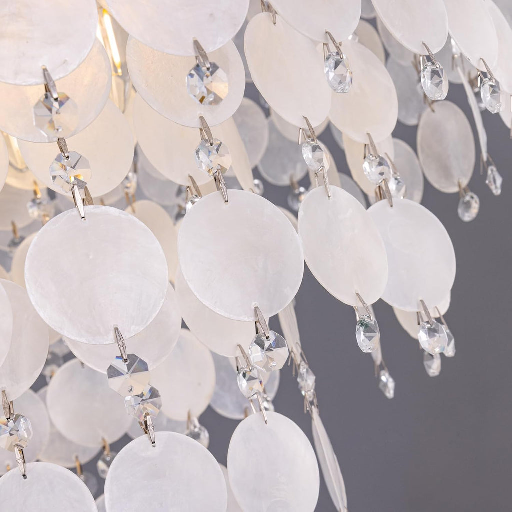 TOCHIC Natural Capiz Shell Chandelier, 6-Light Gold Modern Coastal Chandelier Light Fixture for Dining Room, Hanging Boho Round Beach Shell Pendant Light for Living Room, Bedroom, Kitchen, Foyer, 24'W