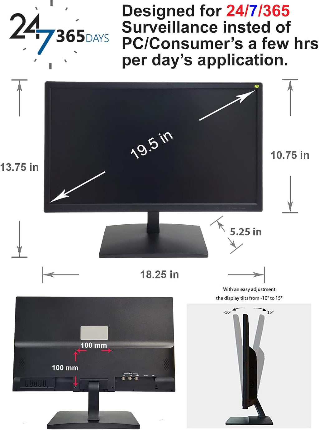 1stPV 19.5' Super HD 5MP/2592×1944 HD-TVI, AHD, CVI & CVBS 16:9 Professional Security Monitor, 1 HDMI, 2 BNC Inputs & 1 Outputs, working with 5MP security cameras directly in addition to DVR/NVR & PC