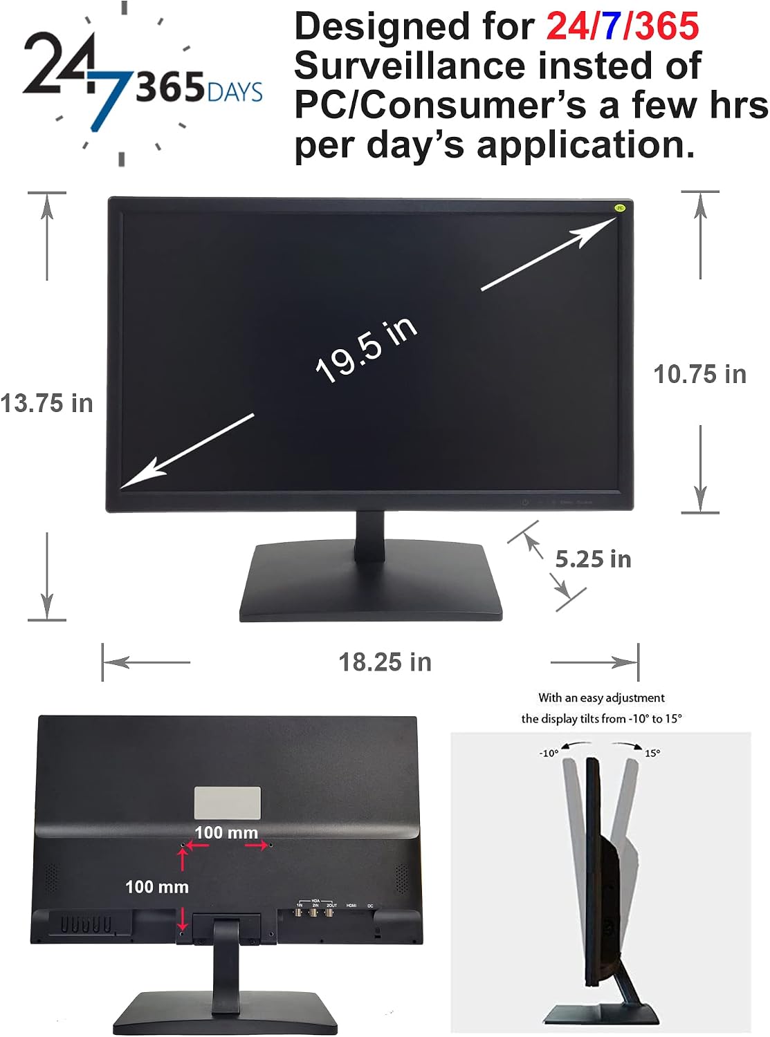 1stPV 19.5' Super HD 5MP/2592×1944 HD-TVI, AHD, CVI & CVBS 16:9 Professional Security Monitor, 1 HDMI, 2 BNC Inputs & 1 Outputs, working with 5MP security cameras directly in addition to DVR/NVR & PC