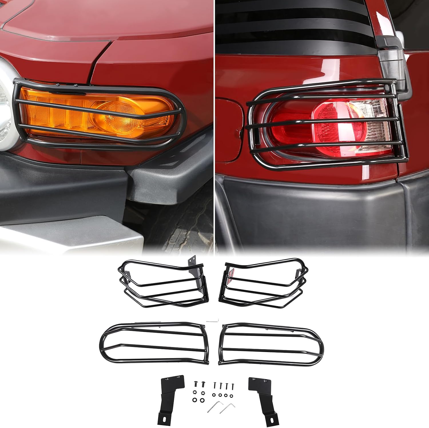 Car Front Fog Light & Taillight Guard Cover Kit Compatible with Toyota FJ Cruiser 2007-2021+, Front Fog Lamp Guards Rear Tail Light Decorative Frame Bezels Protection Carbon Steel Exterior Accessories