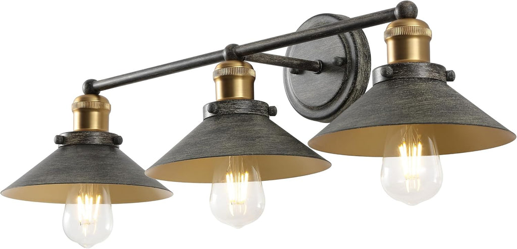 JONATHAN Y 26.5' Rustic Dark Gray/Brass Gold 3-Light Industrial Farmhouse Metal Vanity Light Wall Sconce, Metal Shade for Bathroom Mirror, Kitchen, Entryway, LED Bulb Included (JYL7428D)