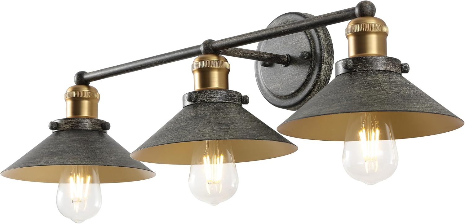 JONATHAN Y 26.5' Rustic Dark Gray/Brass Gold 3-Light Industrial Farmhouse Metal Vanity Light Wall Sconce, Metal Shade for Bathroom Mirror, Kitchen, Entryway, LED Bulb Included (JYL7428D)