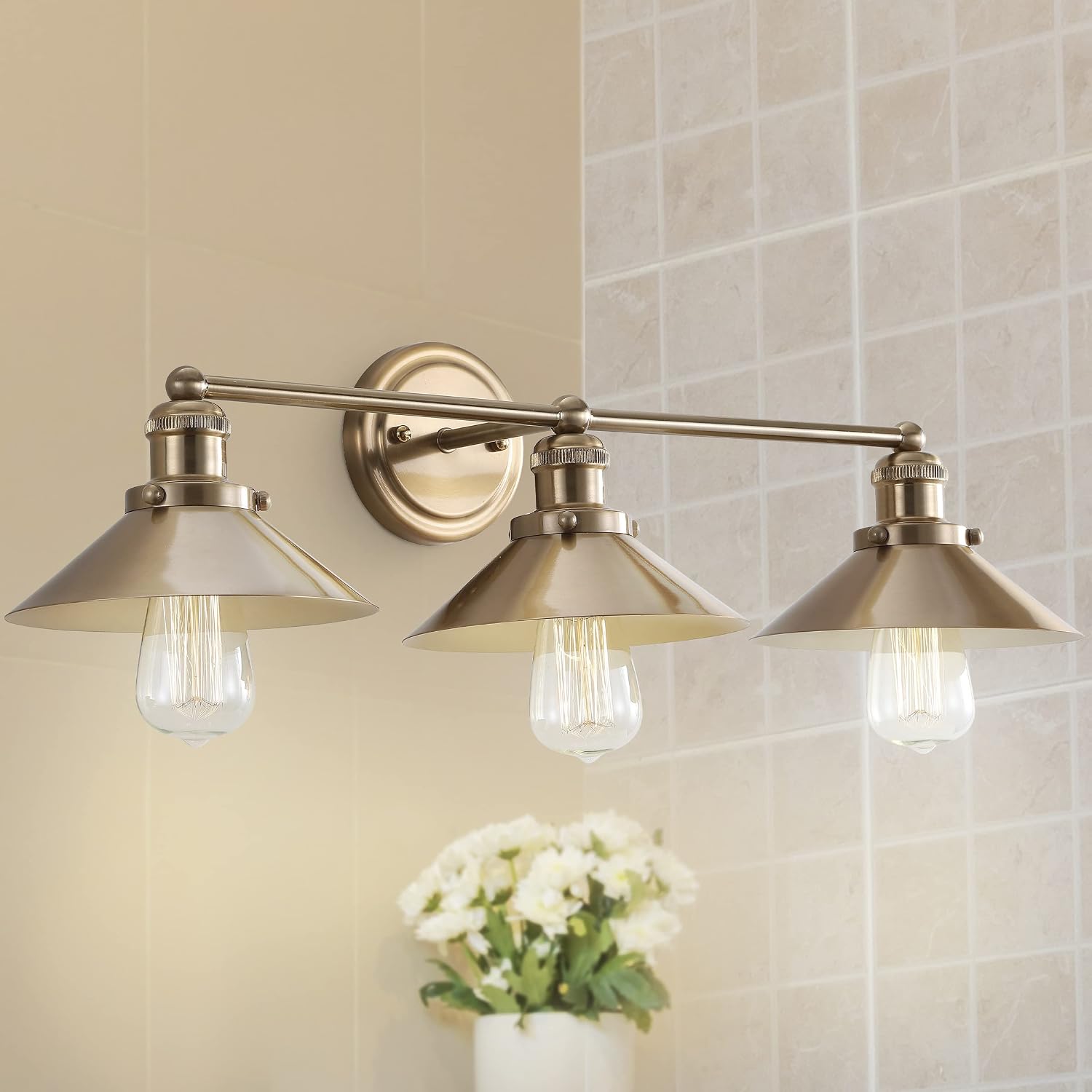 JONATHAN Y 26.5' Brass Gold 3-Light Industrial Farmhouse Metal Vanity Light Wall Sconce, Metal Shade for Bathroom Mirror, Kitchen, Entryway, LED Bulb Included (JYL7431A)