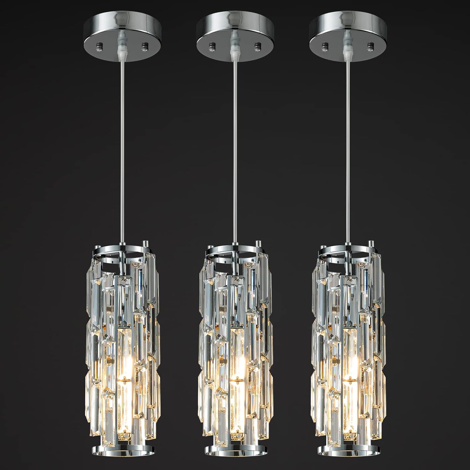 LMQNINE Pendant Lights Modern Chrome Pendant Light Mini Crystal Chandelier Pendant Lighting for Kitchen Island Dinning Room Bedroom Kitchen Sink Lighting (Chrome 3-Pack)
