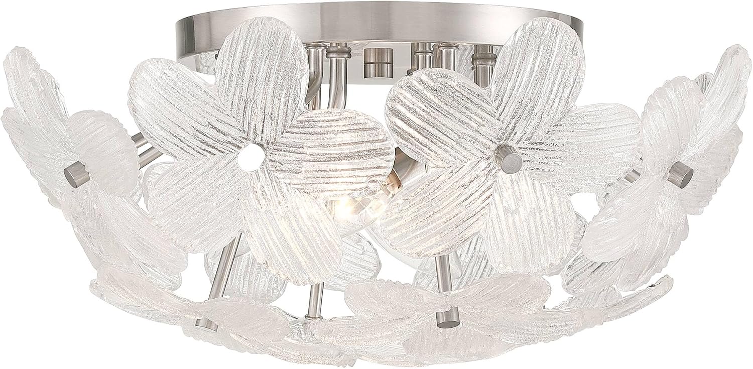 Possini Euro Design Filoli 16' Modern Semi Flush-Mount Ceiling Light Fixture Kitchen Foyer Hallway Flower Unique Silver Brushed Nickel Finish Glass Metal Bedroom Bathroom Entryway Living Room Indoor