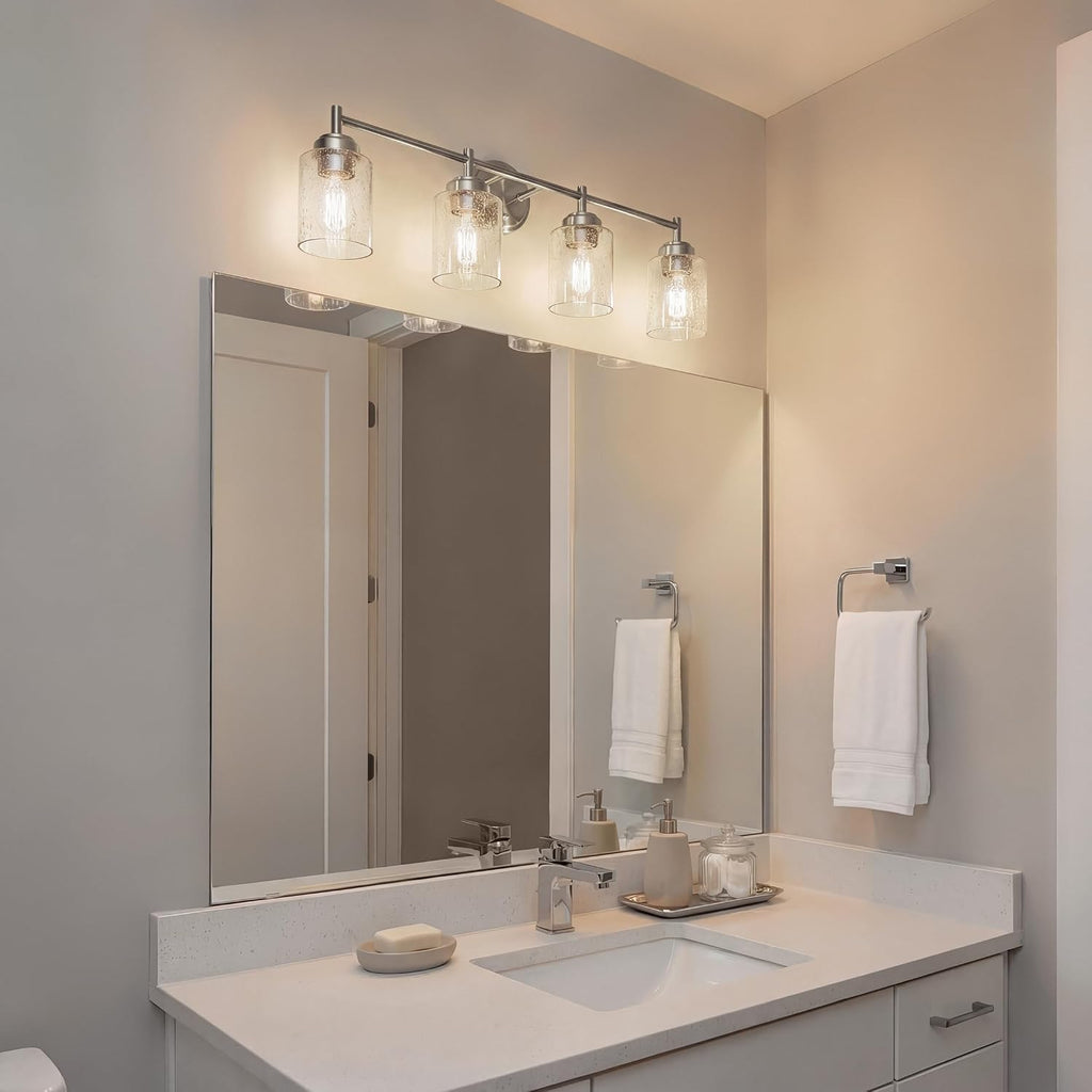 Kichler Winslow 30' Vanity Light in Brushed Nickel, 4-Light Transitional Bathroom Light with Clear Seeded Glass. (30' W x 9.25' H), 45887NI