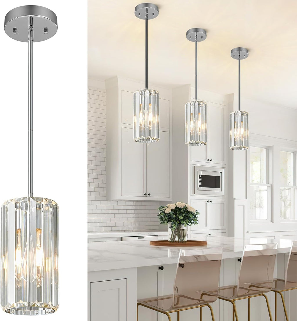Chrome Pendant Lighting Modern Pendant Light Mini Crystal Chandeliers Adjustable Pendant Light Fixture for Kitchen Island Dinning Room Corridor Bedroom(Chorme 3-Pack)