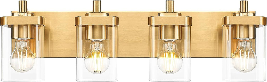 Bathroom Light Fixtures, 25' Brushed Gold Vanity Light, 4-Light Modern Wall Sconces with Square Clear Glass Shade, Vanity Lighting Fixtures Over Mirror, VL194-BG-4