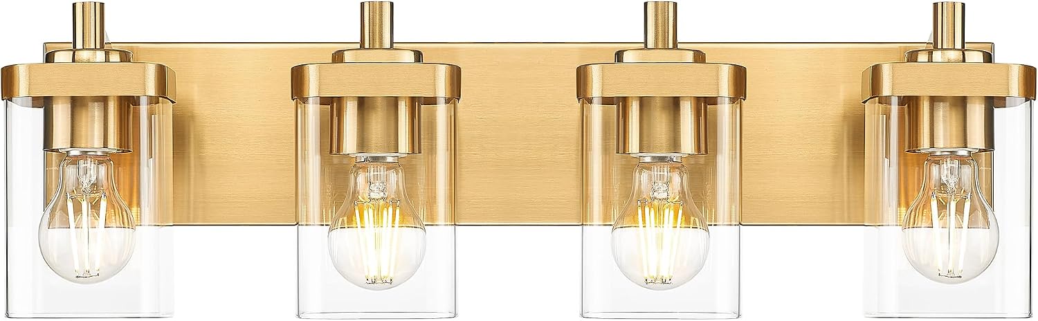 Bathroom Light Fixtures, 25' Brushed Gold Vanity Light, 4-Light Modern Wall Sconces with Square Clear Glass Shade, Vanity Lighting Fixtures Over Mirror, VL194-BG-4