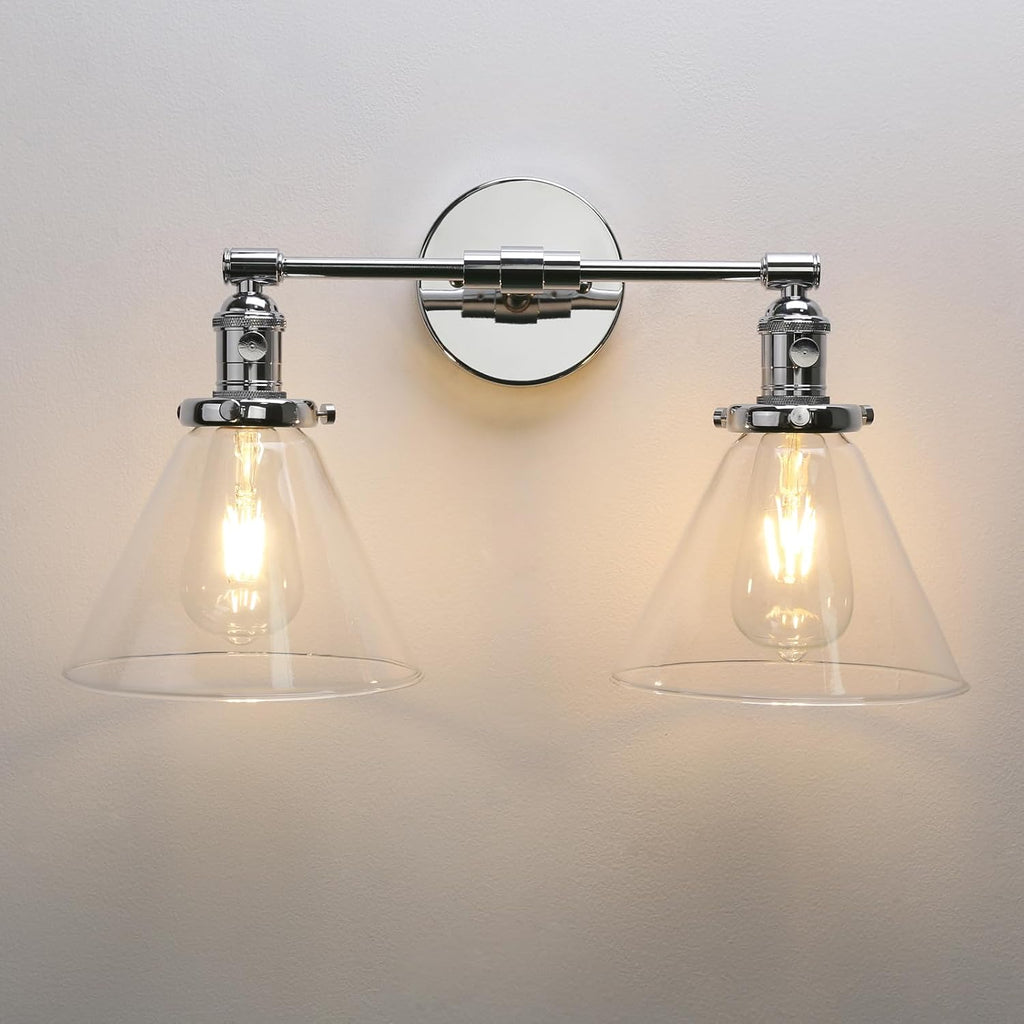 Phansthy 2-Light Wall Sconce Industrial Dual-Light Wall Light with Dual 7.3 Inch Cone Glass Lampshade (Chrome)