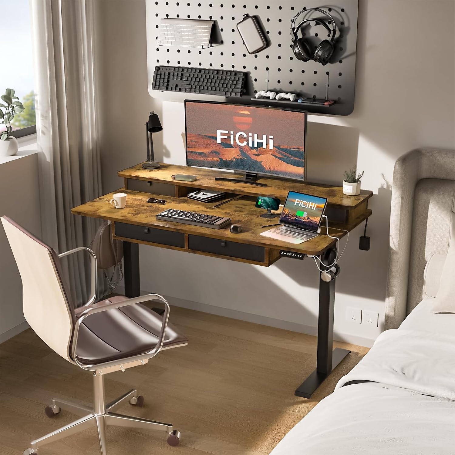 FiCiHi Adjustable Height Standing Desk with 4 Drawers,48 x 30 inches Electric Sit Stand Home Office Desk with Two Tiers, 3 Memory Presets, Monitor Stand Riser, USB A/C Charging Port