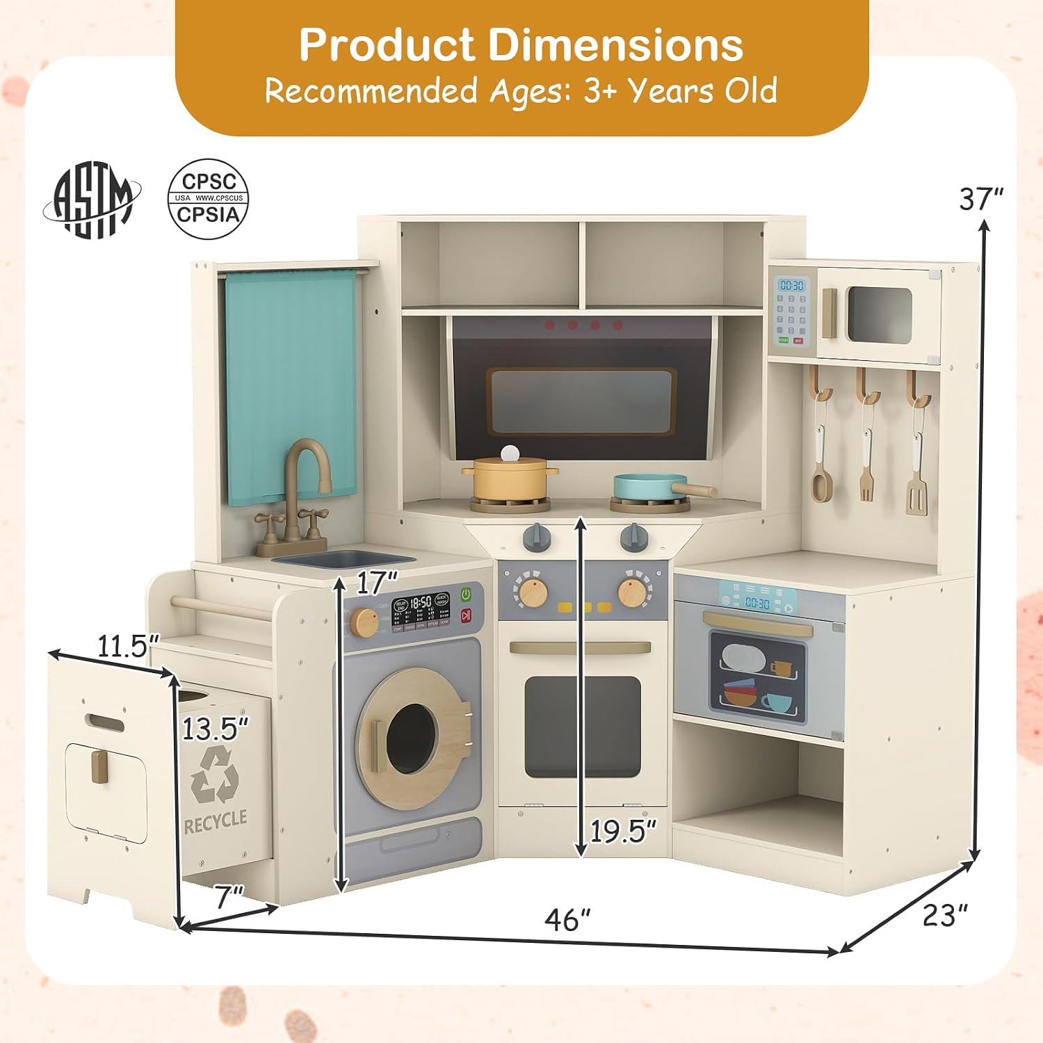 GLACER Corner Wooden Play Kitchen with Real Lights & Sounds, Pretend Kids Kitchen Playset with Trash Bin, Accessories, Dishwasher, Microwave Oven, Cooking Play Set for Toddlers Ages 3+ (Off White)