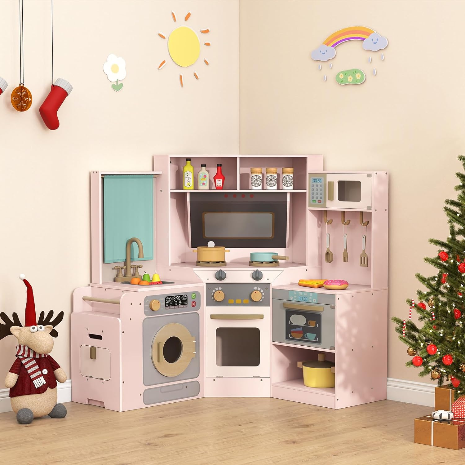GLACER Corner Wooden Play Kitchen with Real Lights & Sounds, Pretend Kids Kitchen Playset with Trash Bin, Accessories, Dishwasher, Microwave Oven, Cooking Play Set for Toddlers Ages 3+ (Pink)