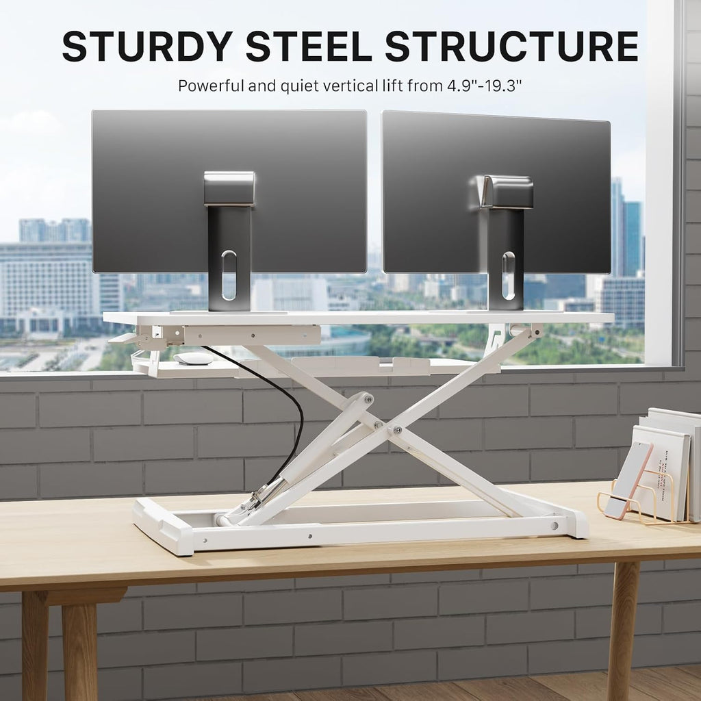 JOY worker Standing Desk Converter, 32' Wide Height Adjustable Sit Stand Up Desk Riser with Keyboard Tray, Desktop Workstation Riser for Home Office Computer Laptop, Particle Board, White