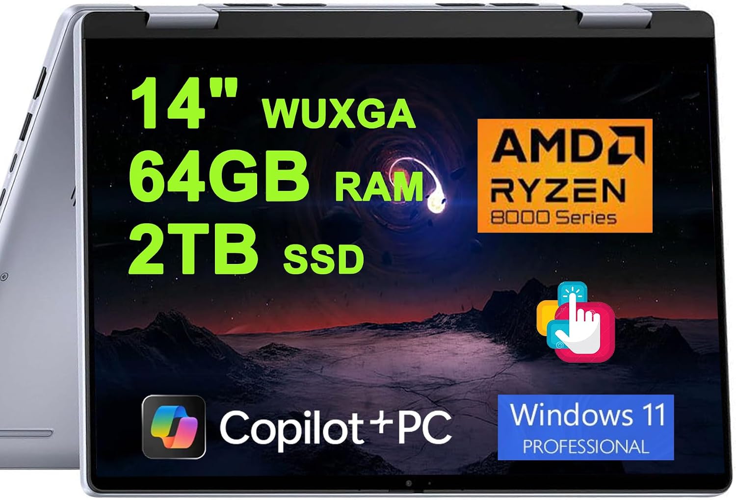 Dell Inspiron 14 7445 2-in-1 Laptop 14' WUXGA Comfortview Touchscreen AMD 6-core Ryzen 5 8640HS (>i7-1355U) 64GB RAM 2TB SSD Backlit for Creator Business Professional Win11Pro