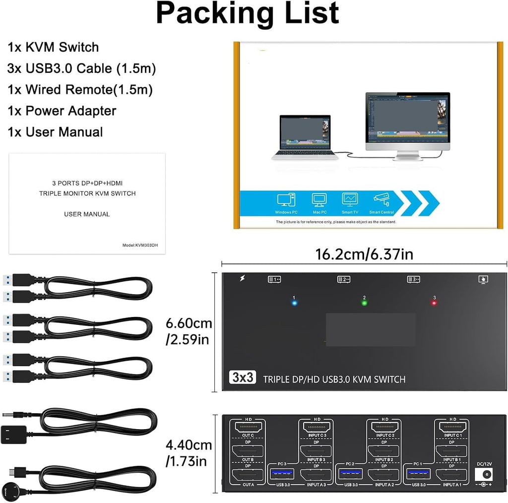 8K@60Hz HDMI+2 Displayport KVM Switch Triple Monitor for 3 Computer Share 3 Monitor and 4 USB3.0 Devices,Wired Remote(with US Plug)