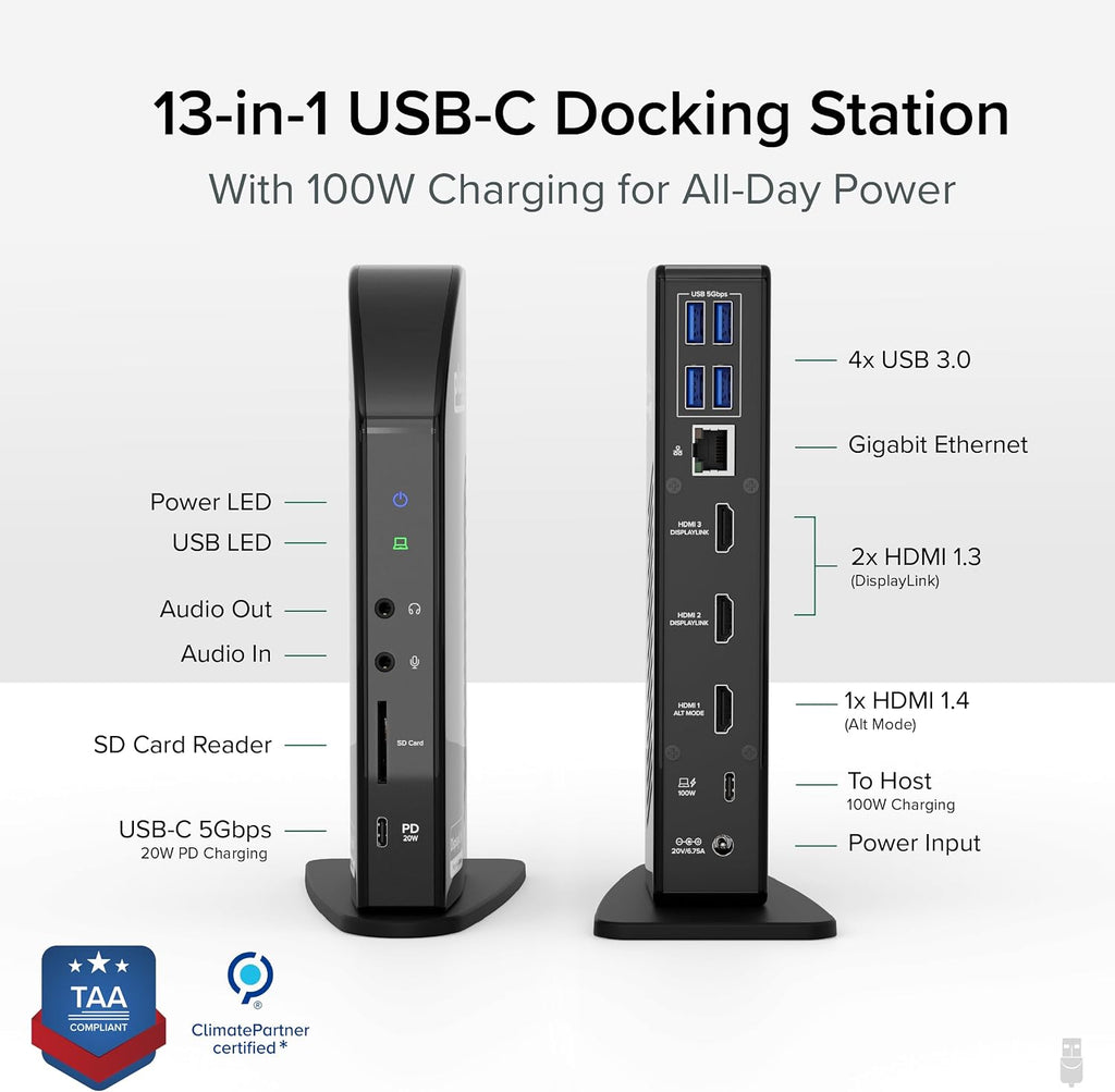 Plugable Docking Station Bundle – 13-in-1 USB-C Triple Display Dock + High-Performance USB-C Cable, 100W Host Charging, 3 HDMI, 4 USB, Ethernet, SD - for Mac, Windows, Chrome