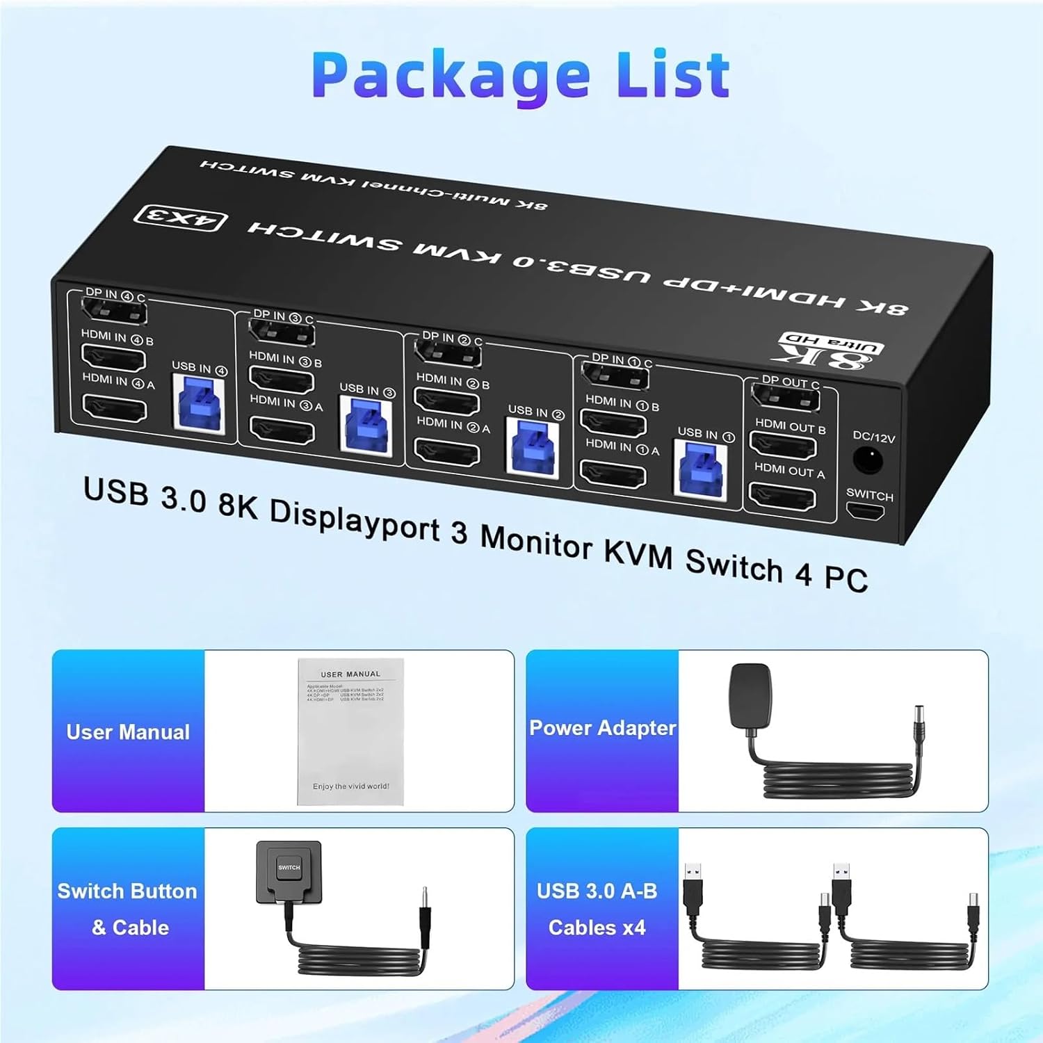 8K@60Hz 2 HDMI +1 DisplayPort KVM Switch Triple Monitor for 4 Computer with Audio and 3 USB 3.0 Ports, 3 Monitor KVM Switches(with EU Plug)