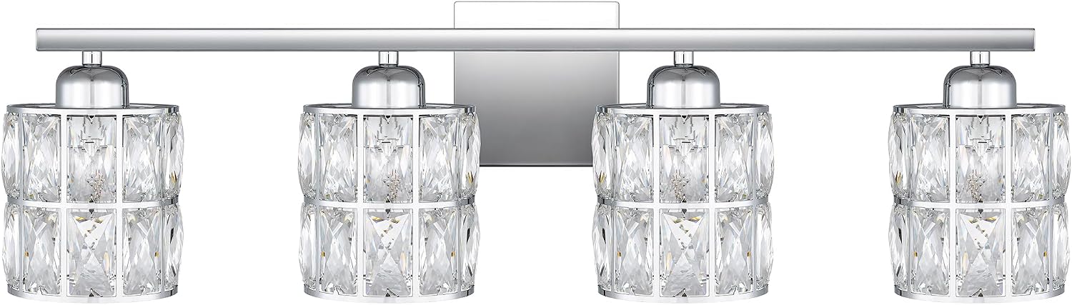 Quoizel Gibson Bath Vanity Lights, 30 Inch 4-Light Polished Chrome Bathroom Lighting Fixtures Over Mirror, Clear Beveled Crystal Shade, Contemporary Wall Mount Light for Bathrooms, Kitchen or Hallway
