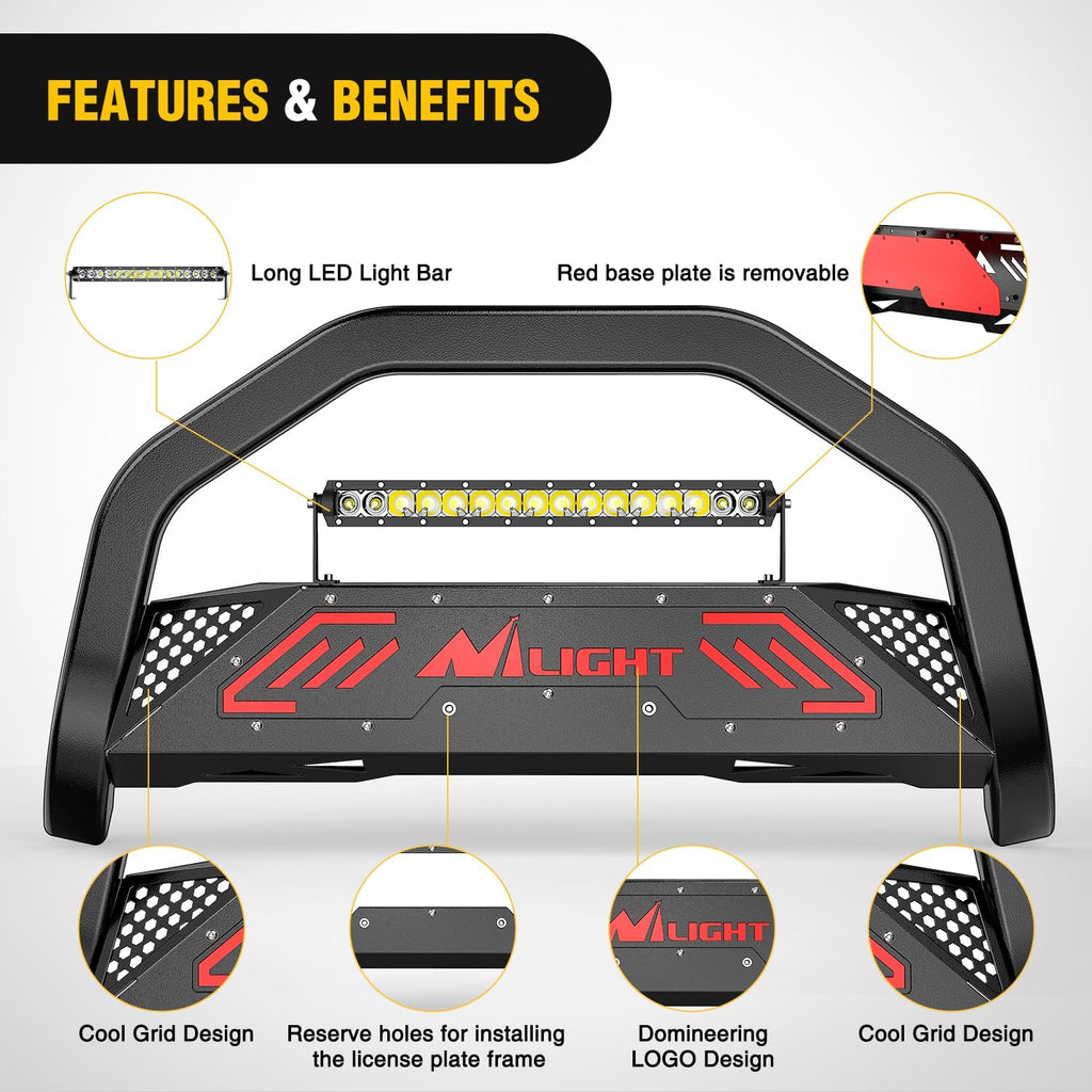 Nilight Bull Bar with Light fits 2021-2024 Chevy Tahoe/Suburban（Excl. High Country Trim Front Bumper Grille Brush Push Guard with Skid Plate Licence Plate Hole Black
