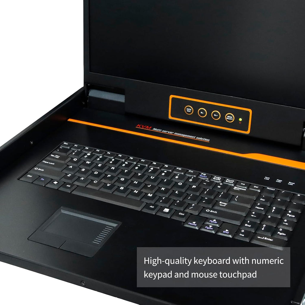 1U Rack Mount KVM Console-19'' Rackmount Monitor Keyboard and Single Port HDMI KVM, 50,000 MTBF,1280X1024 60Hz,17.6×19.9×1.67 Inches(WXDXH),Fit 1U 19'' Rack, 1 USB HDMI Cable,1 Power Cord, 4 Brackets