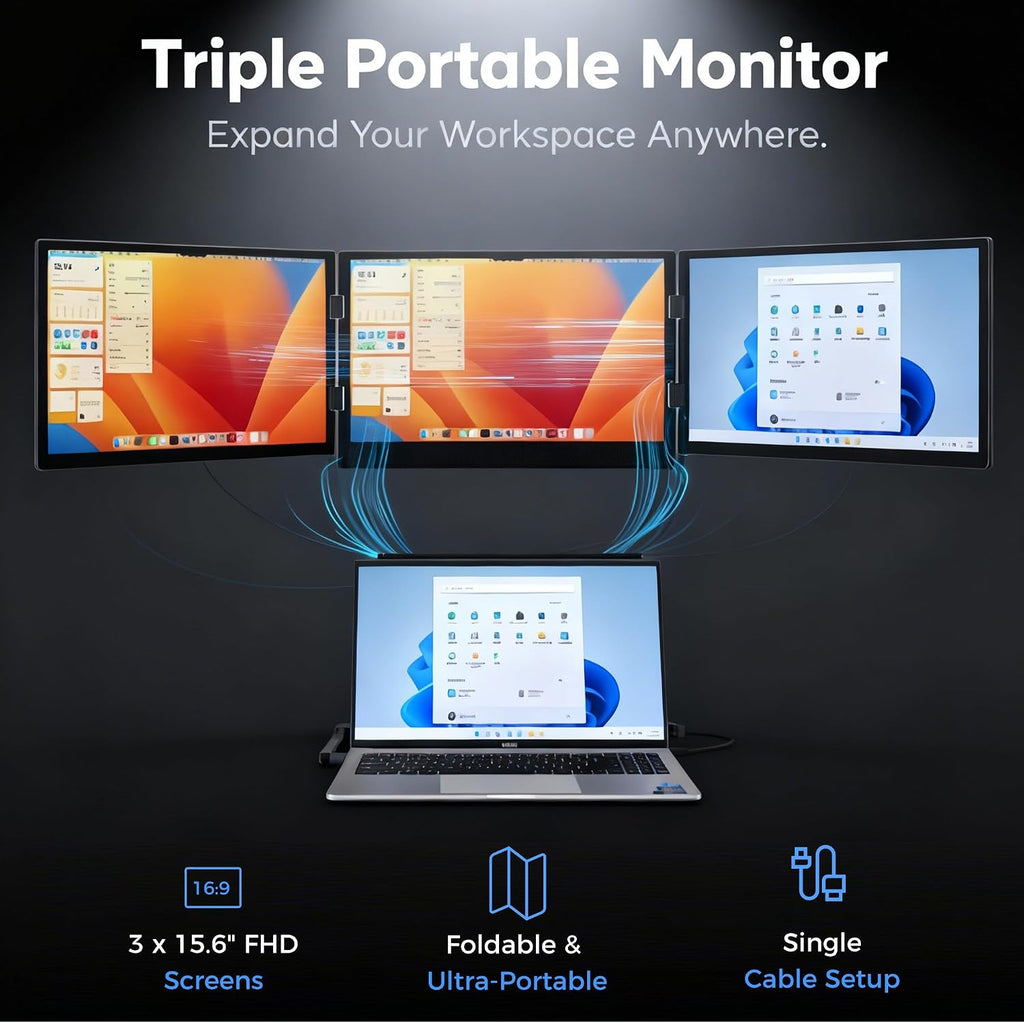 3 Monitor Setup for Laptop, Laptop Monitor Extender, 15.6-inch 1080P, with 360-degree Rotation, Adjustable Angles, Monitor for Laptop, for Windows/Linux/Mac Black