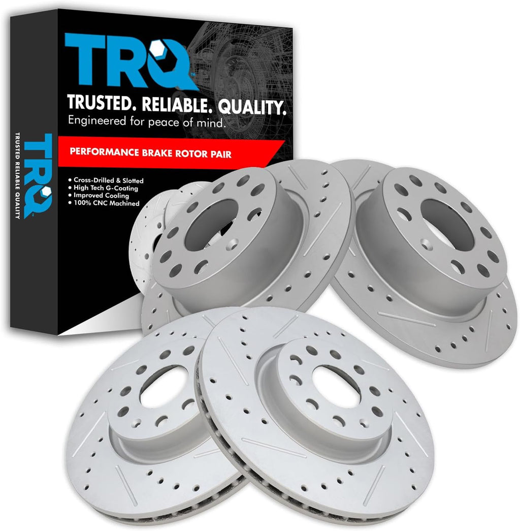 TRQ Performance Front and Rear Brake Rotor Set G Coated Drilled and Slotted Compatible with 2011-2013 Audi A3 2011-2013 A3 Quattro 2009-2013 Volkswagen Eos 2013-2017 Beetle 2011-2018 Jetta