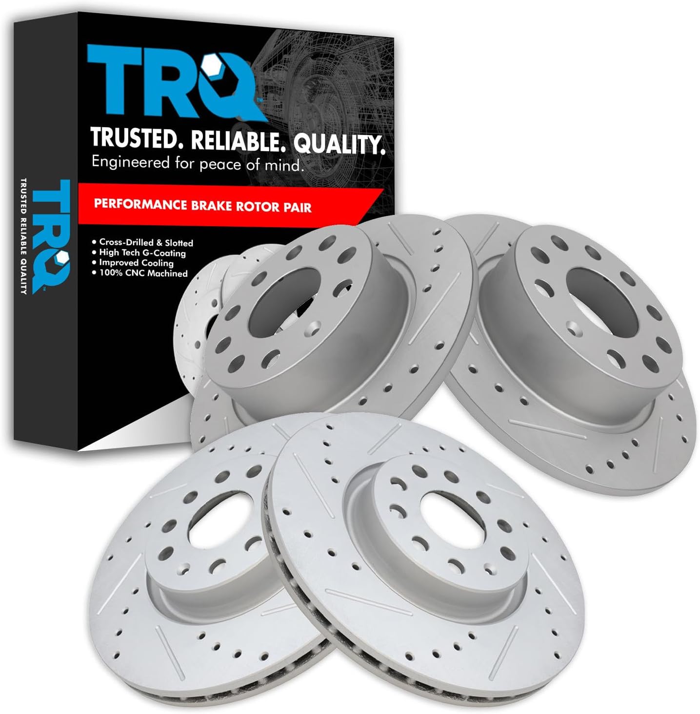 TRQ Performance Front and Rear Brake Rotor Set G Coated Drilled and Slotted Compatible with 2011-2013 Audi A3 2011-2013 A3 Quattro 2009-2013 Volkswagen Eos 2013-2017 Beetle 2011-2018 Jetta