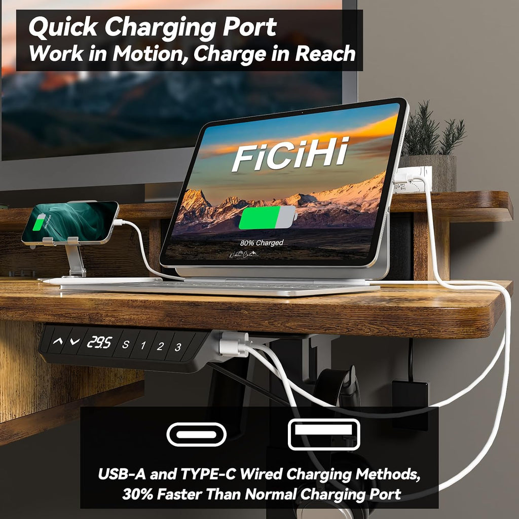 FiCiHi Adjustable Height Standing Desk with 4 Drawers,63 x 30 inches Electric Sit Stand Home Office Desk with Two Tiers, 3 Memory Presets, Monitor Stand Riser, USB A/C Charging Port