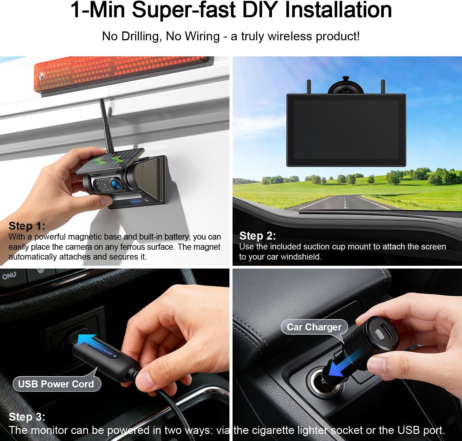 Fookoo 10.1' Solar Magnetic Wireless Backup Camera HD 1080P DVR Touchscreen Monitor Portable 1 Min DIY Install No Drilling Rechargeable Battery Night Vision for RV Camper Trailer - DTC1004
