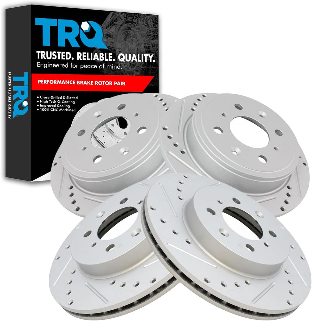 TRQ Performance Front and Rear Brake Rotor Set G Coated Drilled and Slotted Vented Solid Compatible with 1990-1994 Acura Integra