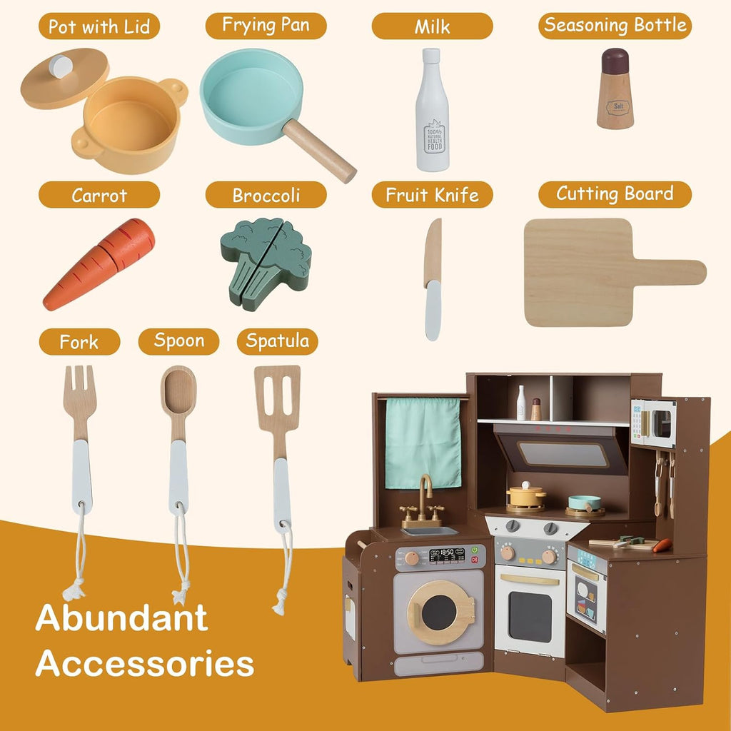 GLACER Corner Wooden Play Kitchen with Real Lights & Sounds, Pretend Kids Kitchen Playset with Trash Bin, Accessories, Dishwasher, Microwave Oven, Cooking Play Set for Toddlers Ages 3+ (Coffee)