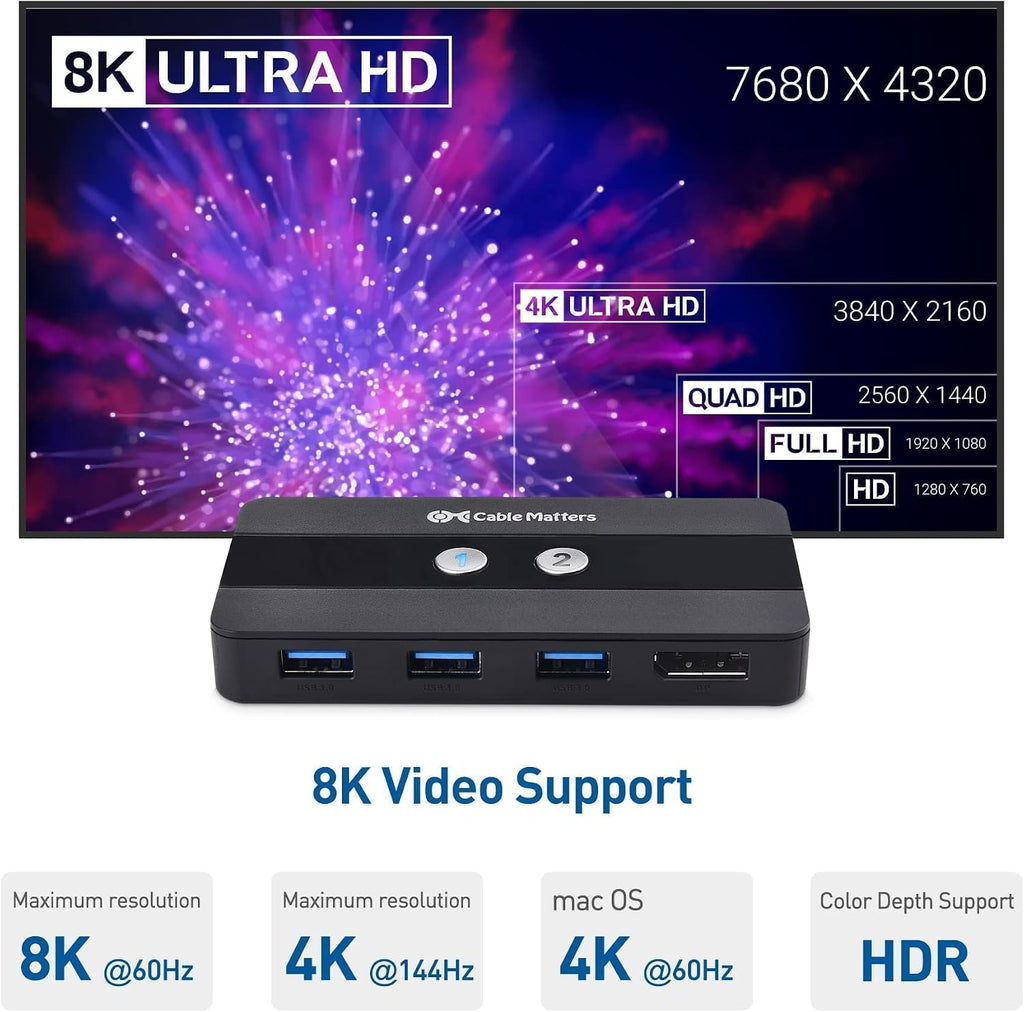 Cable Matters USB 3.0 KVM Switch DisplayPort 1.4 for 2 Computers, USB C to DisplayPort 1.4 Adapter, and USB C to USB Adapter Bundle