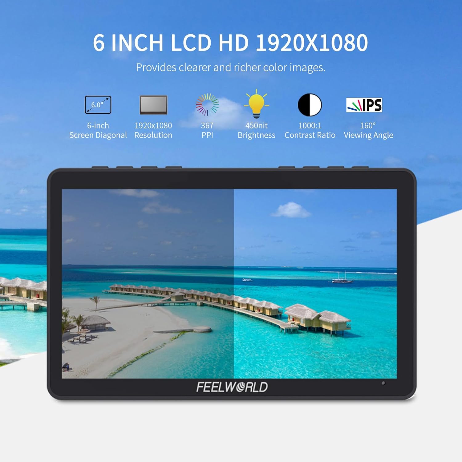 FEELWORLD Video Camera Monitor 6 Inch Touch Screen DSLR HDMI Field Monitor with F750 Battery 4400mAh + Bag IPS FHD1920x1080 4K HDMI Input Output 5 V Type c Input F5PROV4