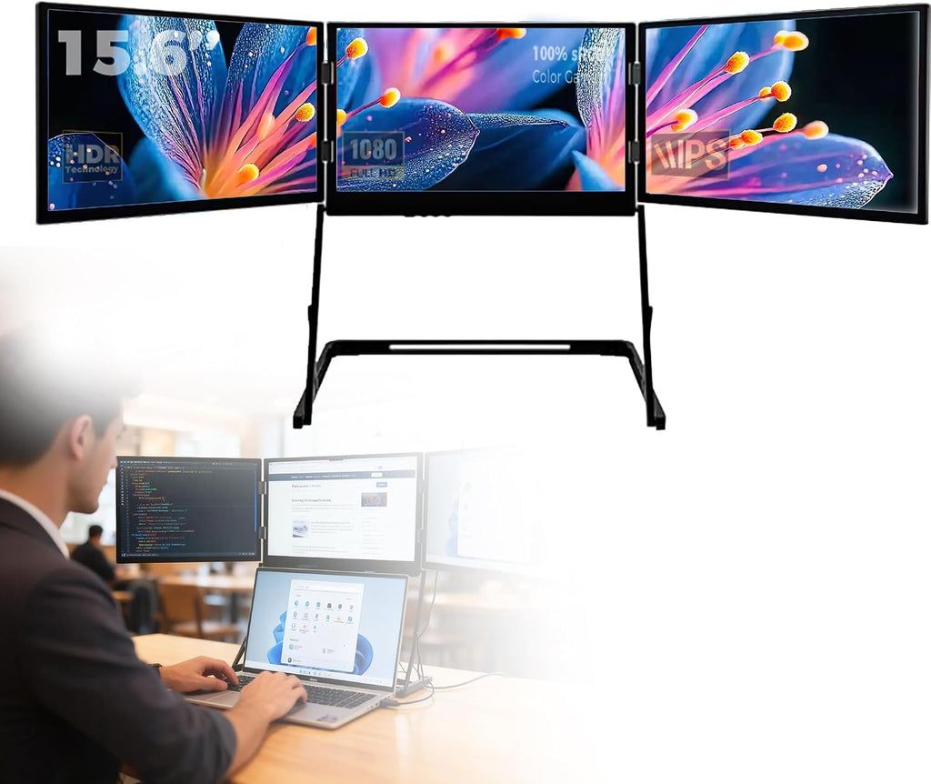3 Monitor Setup for Laptop, Laptop Monitor Extender, 15.6-inch 1080P, with 360-degree Rotation, Adjustable Angles, Monitor for Laptop, for Windows/Linux/Mac Black
