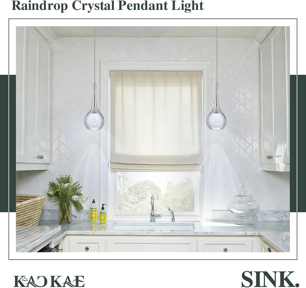LED Pendant Light Kitchen Island Raindrop Crystal Pendant Lights Dimmable Chrome Modern Hanging Light for Bedroom Bathroom Living Room 6000K Cool White, 3 Pack