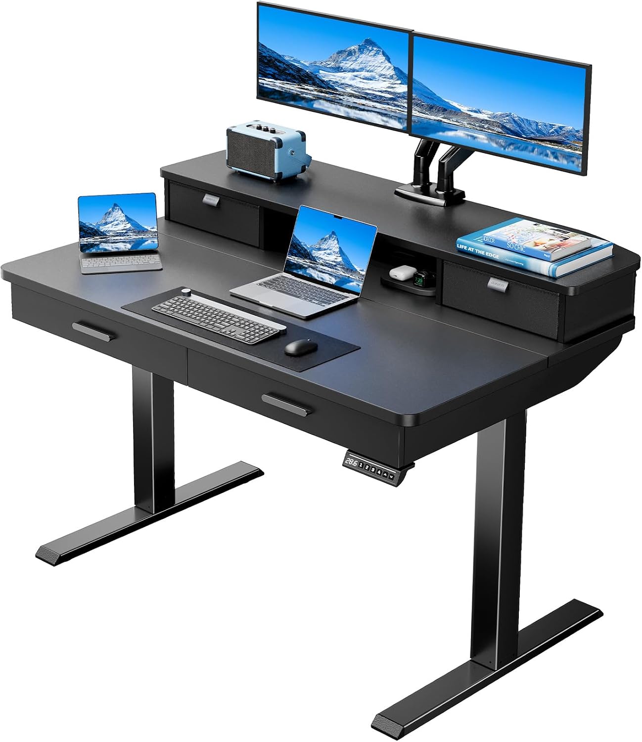 HUANUO 48 x 30 inch Electric Standing Desk with Wood Drawers, Adjustable Height Sit Stand Home Office Desk with Two Tiers, Ergonomic Adjustable Stand up Desk C-Clamp Monitor Mount Compatible, Black