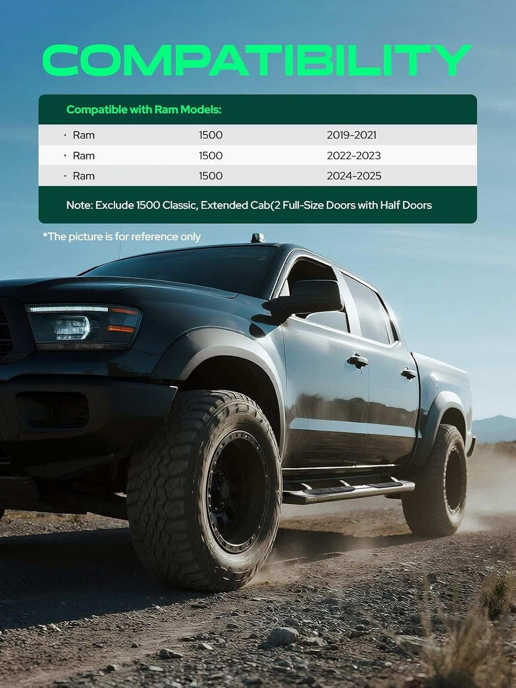 YHTAUTO 6.5 Inch Running Boards Fit for Dodge Ram 1500 2019-2025 (Excl. Ram 1500 Classic) (Extended Cab/Quad Cab) Side Steps Carbon Steel Step Bars Off-Road Exterior Accessories