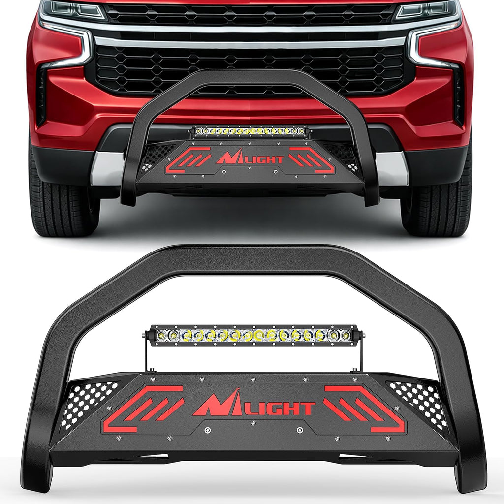 Nilight Bull Bar with Light fits 2021-2024 Chevy Tahoe/Suburban（Excl. High Country Trim Front Bumper Grille Brush Push Guard with Skid Plate Licence Plate Hole Black