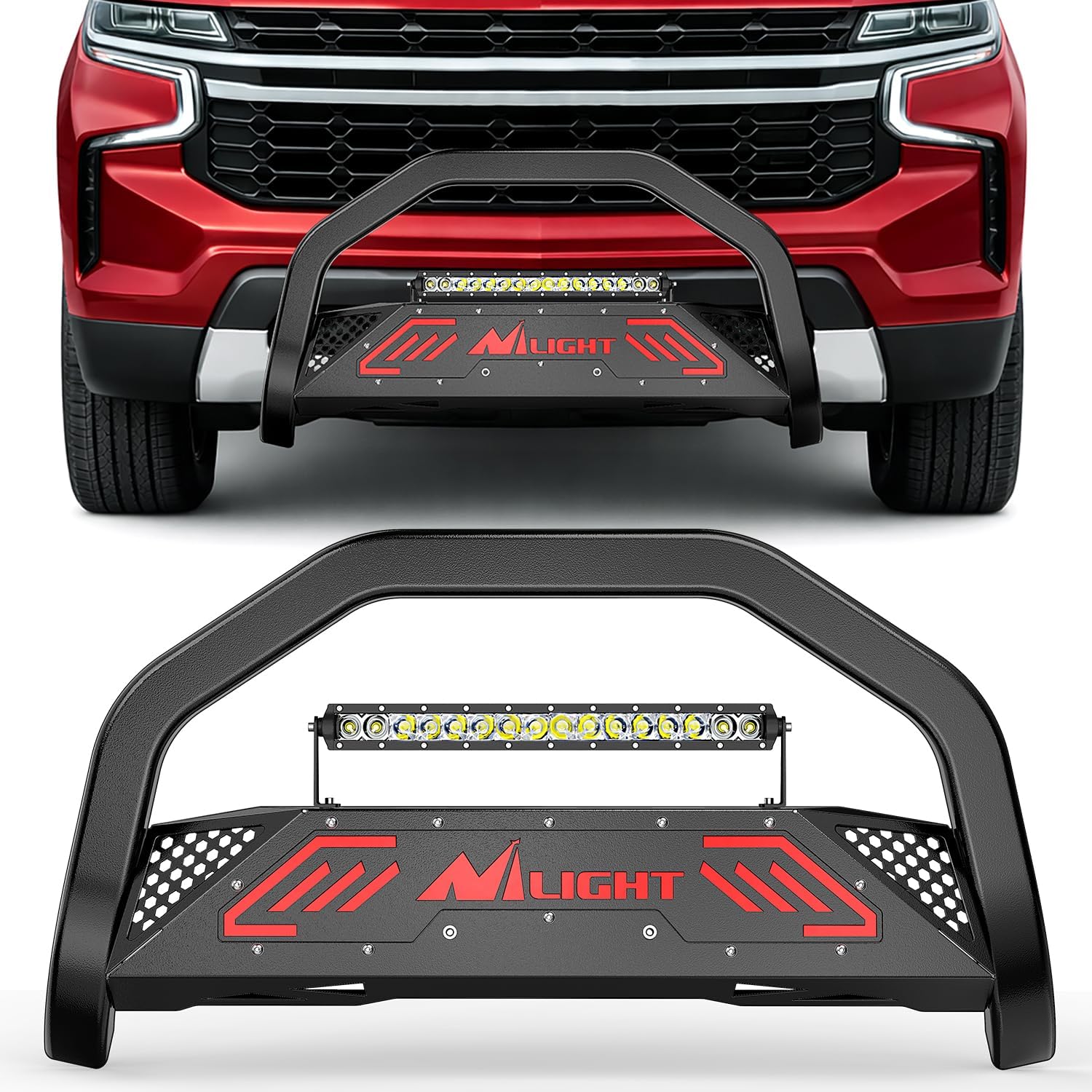 Nilight Bull Bar with Light fits 2021-2024 Chevy Tahoe/Suburban（Excl. High Country Trim Front Bumper Grille Brush Push Guard with Skid Plate Licence Plate Hole Black
