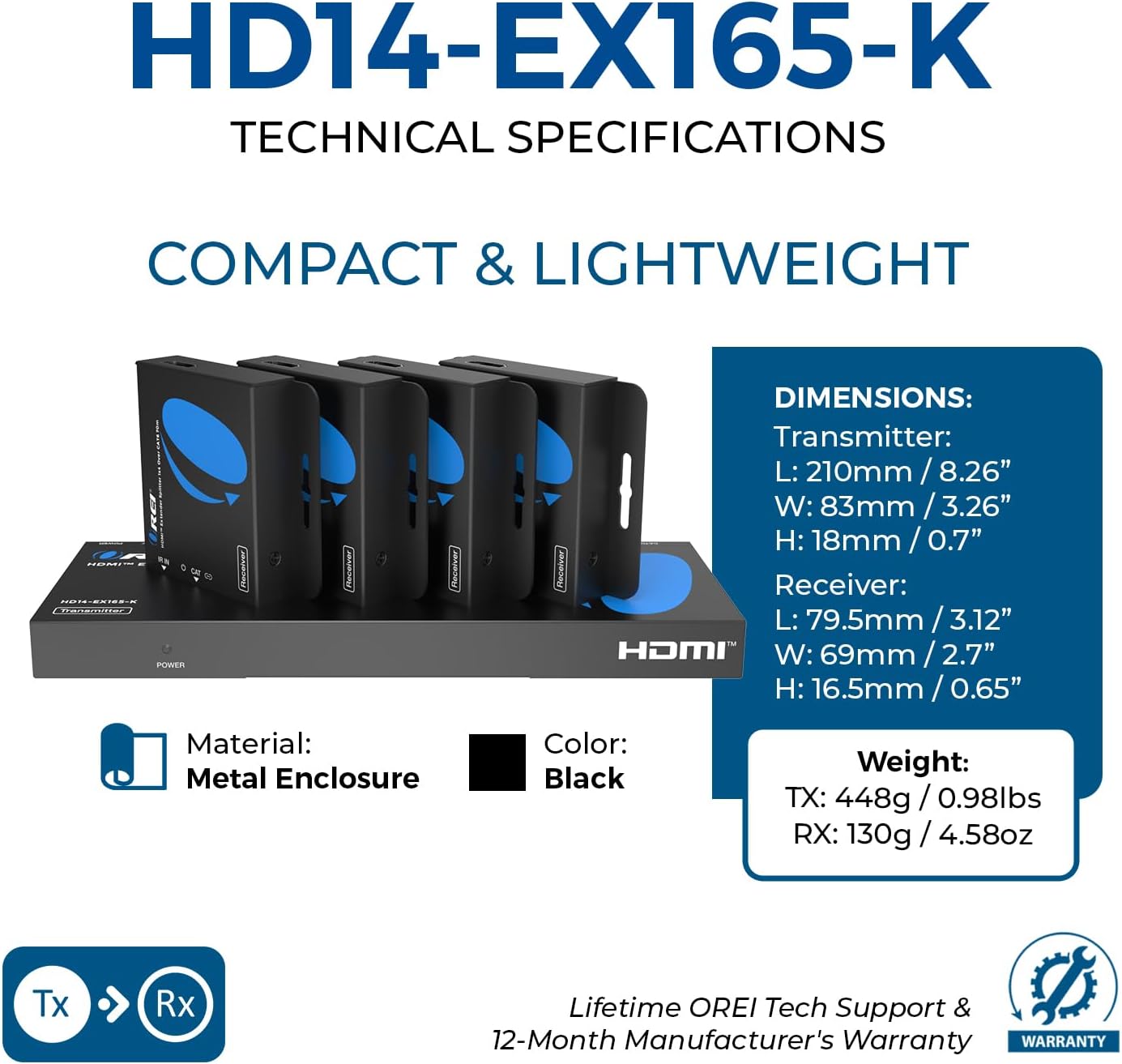 OREI 4K 1x4 HDMI Extender Splitter Over CAT6/7 Ethernet Cable Up to 4K@30Hz upto 165 ft-1080P@60Hz upto 230 ft, IR control, EDID, HDMI Loop Out (HD14-EX165-K)