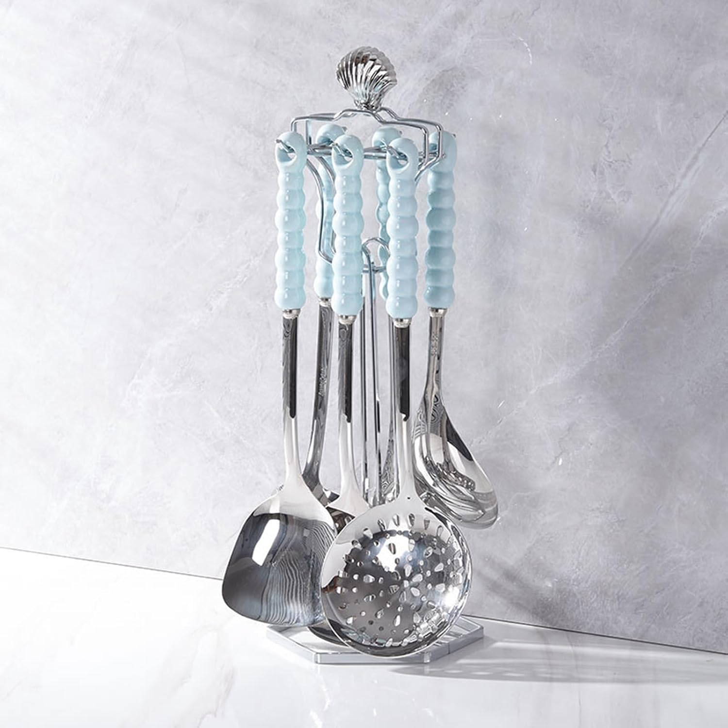 Cooking Utensils Set 7 Pcs with Hanging Shelf Stainless Steel Kitchenware Cookware Set with Ceramic Handle Include Slotted Spoon Slotted Spatula Large Spoon Soup Ladle Spatula Pasta Spoon, Sky Blue