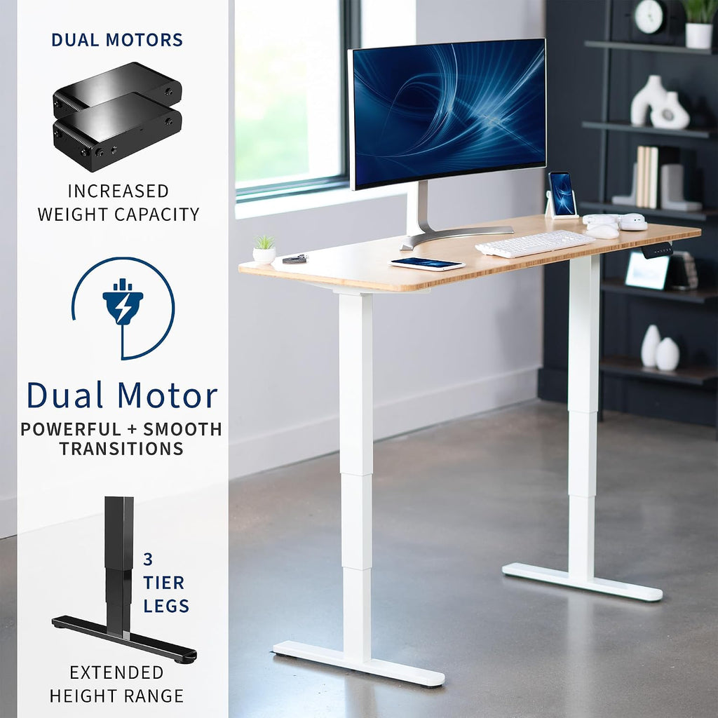 VIVO Electric 60 x 24 in Dual Motor Sit Stand Desk, Memory Height Adjustment, 2B Series, Bamboo Top White Frame, DESK-KIT-2W6O