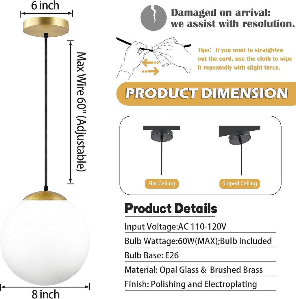 KoKo&Yukina 8' Gold Glass Globe Modern Pendant Lights 2 Pack Mid Century Milky White Glass Pendant Light Fixtures Adjustable Hanging Pendant Lighting for Kitchen Island Bedroom Hallway Bulbs Incl.