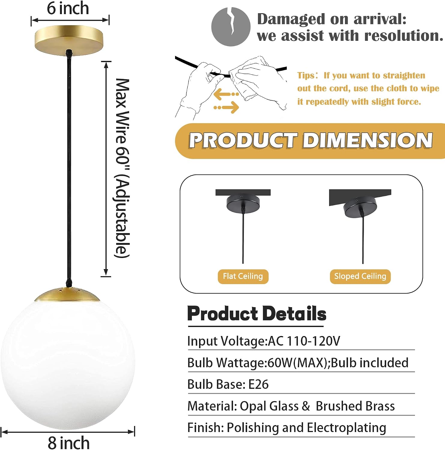 KoKo&Yukina 8' Gold Glass Globe Modern Pendant Lights 2 Pack Mid Century Milky White Glass Pendant Light Fixtures Adjustable Hanging Pendant Lighting for Kitchen Island Bedroom Hallway Bulbs Incl.