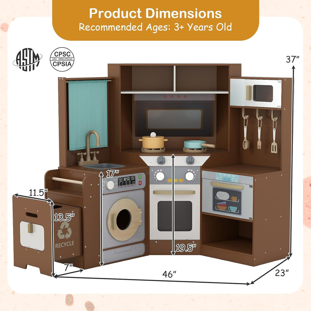 GLACER Corner Wooden Play Kitchen with Real Lights & Sounds, Pretend Kids Kitchen Playset with Trash Bin, Accessories, Dishwasher, Microwave Oven, Cooking Play Set for Toddlers Ages 3+ (Coffee)