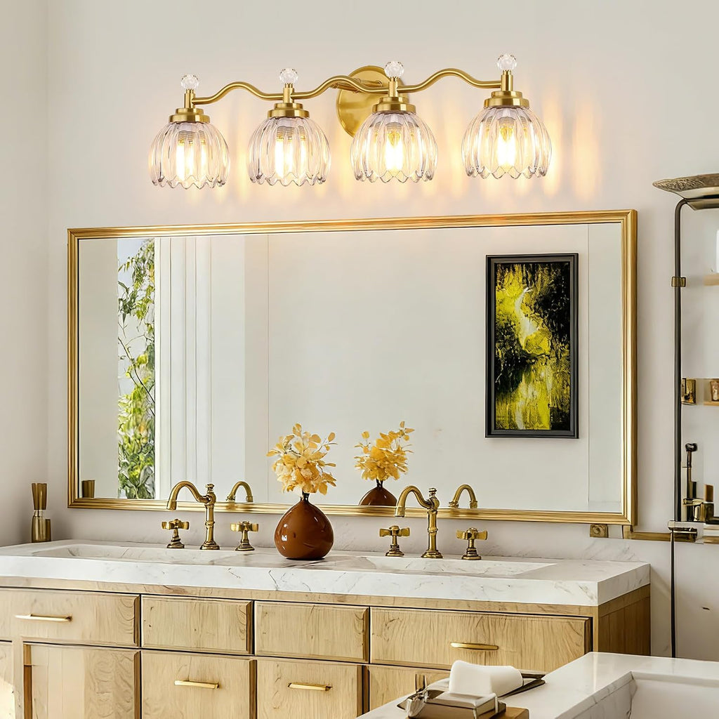 4-Light Bathroom Light Fixtures, Vanity Lights for Bathroom, Wall Lights for Mirror | Clear Glass Shade | Bulbs Not Included | Brushed Gold