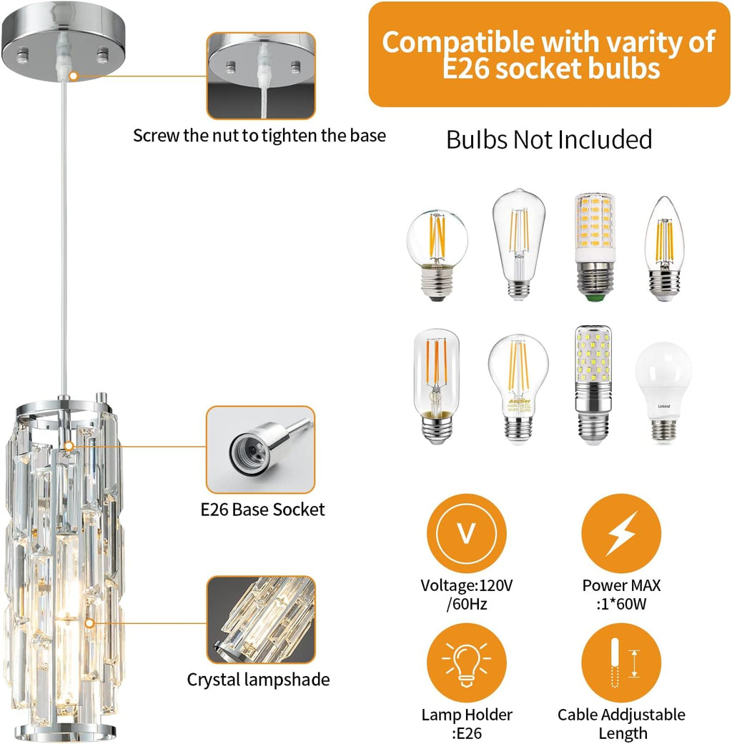 LMQNINE Pendant Lights Modern Chrome Pendant Light Mini Crystal Chandelier Pendant Lighting for Kitchen Island Dinning Room Bedroom Kitchen Sink Lighting (Chrome 3-Pack)