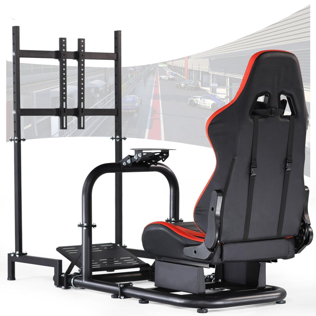 Marada Driving Simulator Cockpit with Monitor Stand with Red Seat Fit for G920,for Thrustmaster T500 TGT,for Fantec,Racing bracket Steering wheel stand Stable & Strong,Wheel and Pedals Not Included
