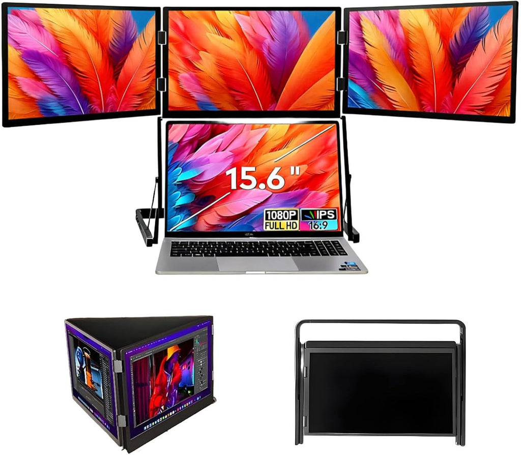 15.6' FHD 1080P Laptop Screen Extender - Ultra-Slim Triple Portable Monitor with IPS Display, Built-in Speakers, Foldable Design for Mac & Windows Users